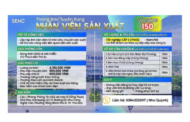 Thông báo tuyển dụng nhân viên sản xuất     Công Ty TNHH Điện Tử Samsung HCMC CE Complex