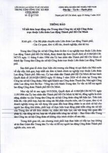 THÔNG BÁO VỀ KẾT THÚC HOẠT ĐỘNG CỦA TRUNG TÂM CÔNG TÁC XÃ HỘI CÔNG ĐOÀN
